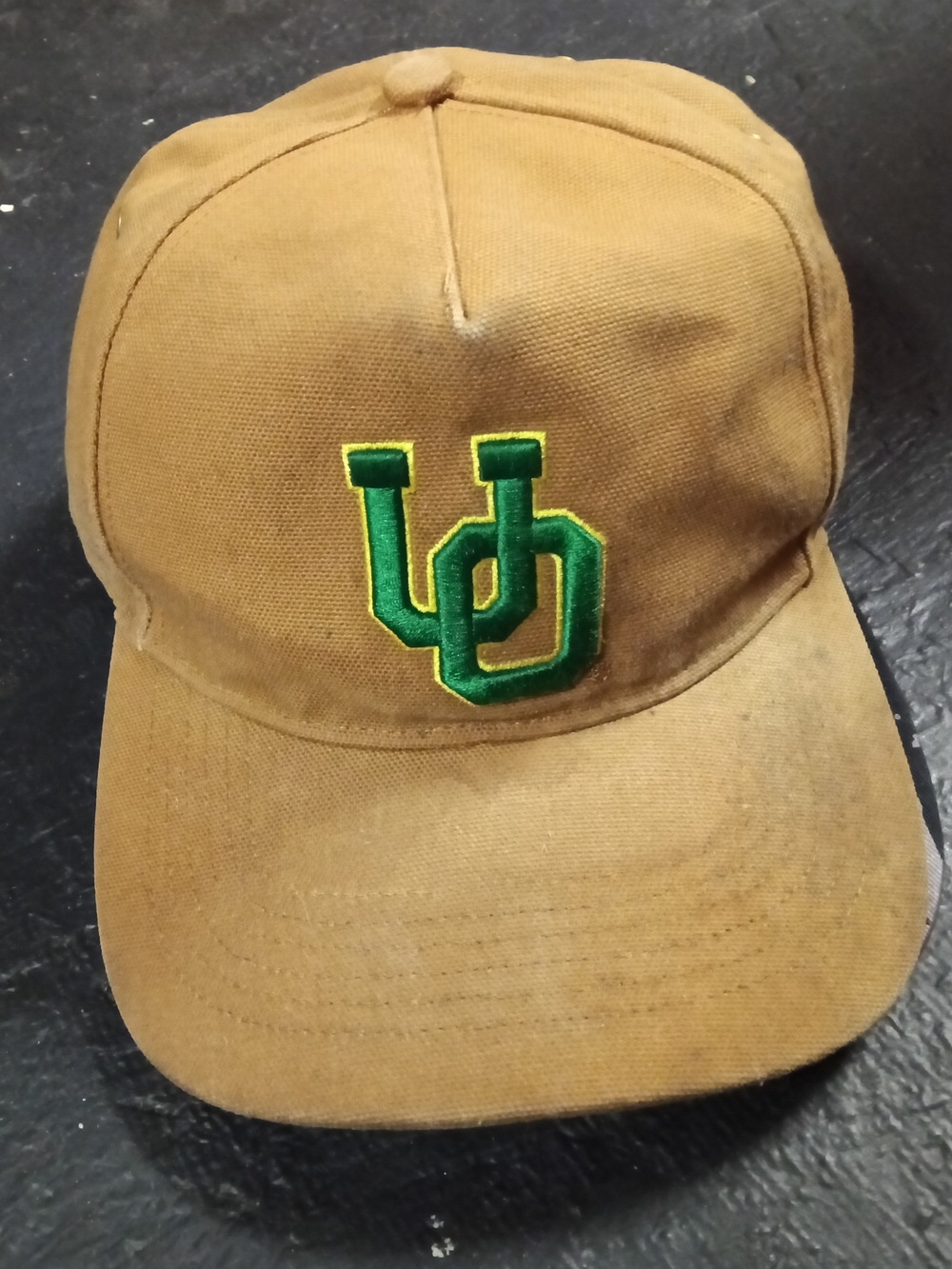 Khaki Carhartt Hat with Green U of O Embroidered Logo